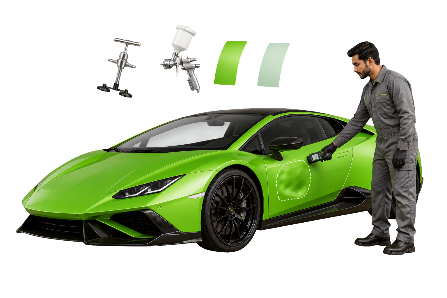 Bodywork specialist scanning a repair zone on a green performance coupe