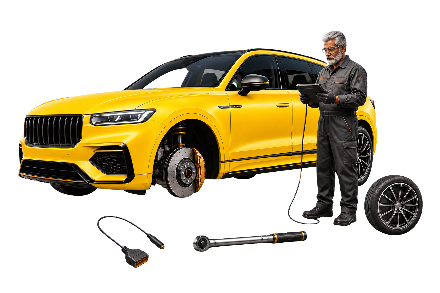 Master mechanic diagnosing a gloss-yellow premium SUV