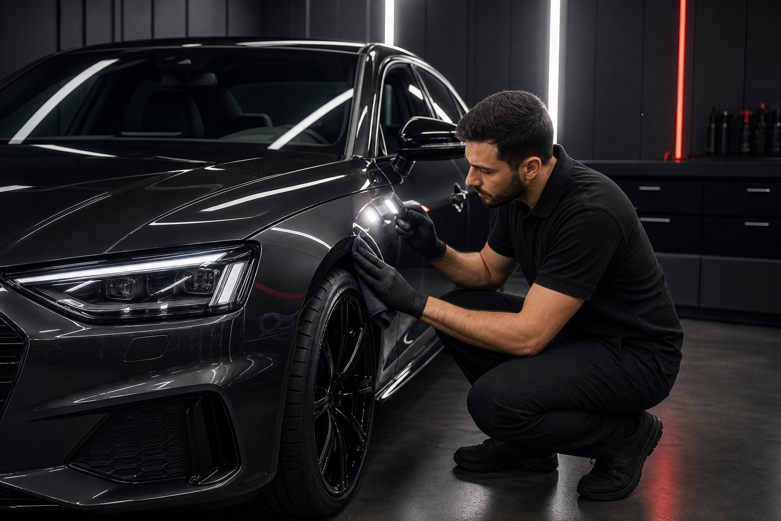 Automotive specialist inspecting a graphite vehicle under controlled workshop lighting