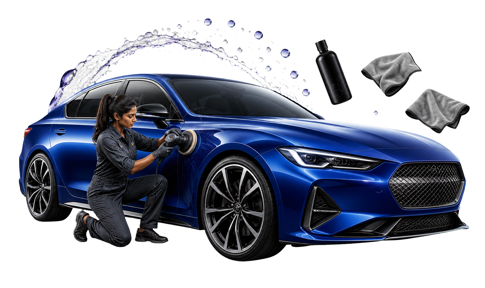 Detailing specialist polishing a premium blue sedan
