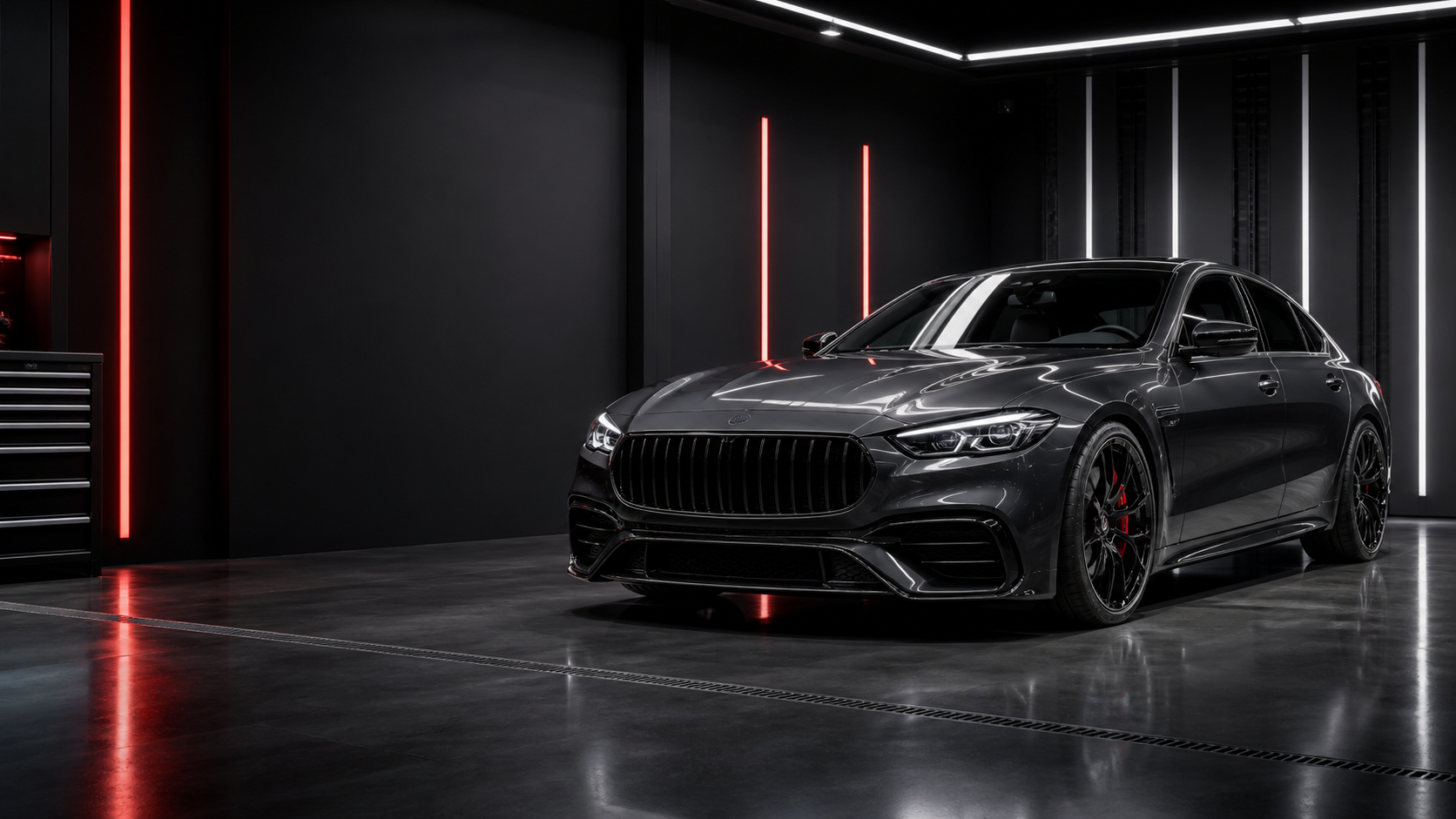 Graphite premium sedan prepared for assessment in a CARZ-style studio