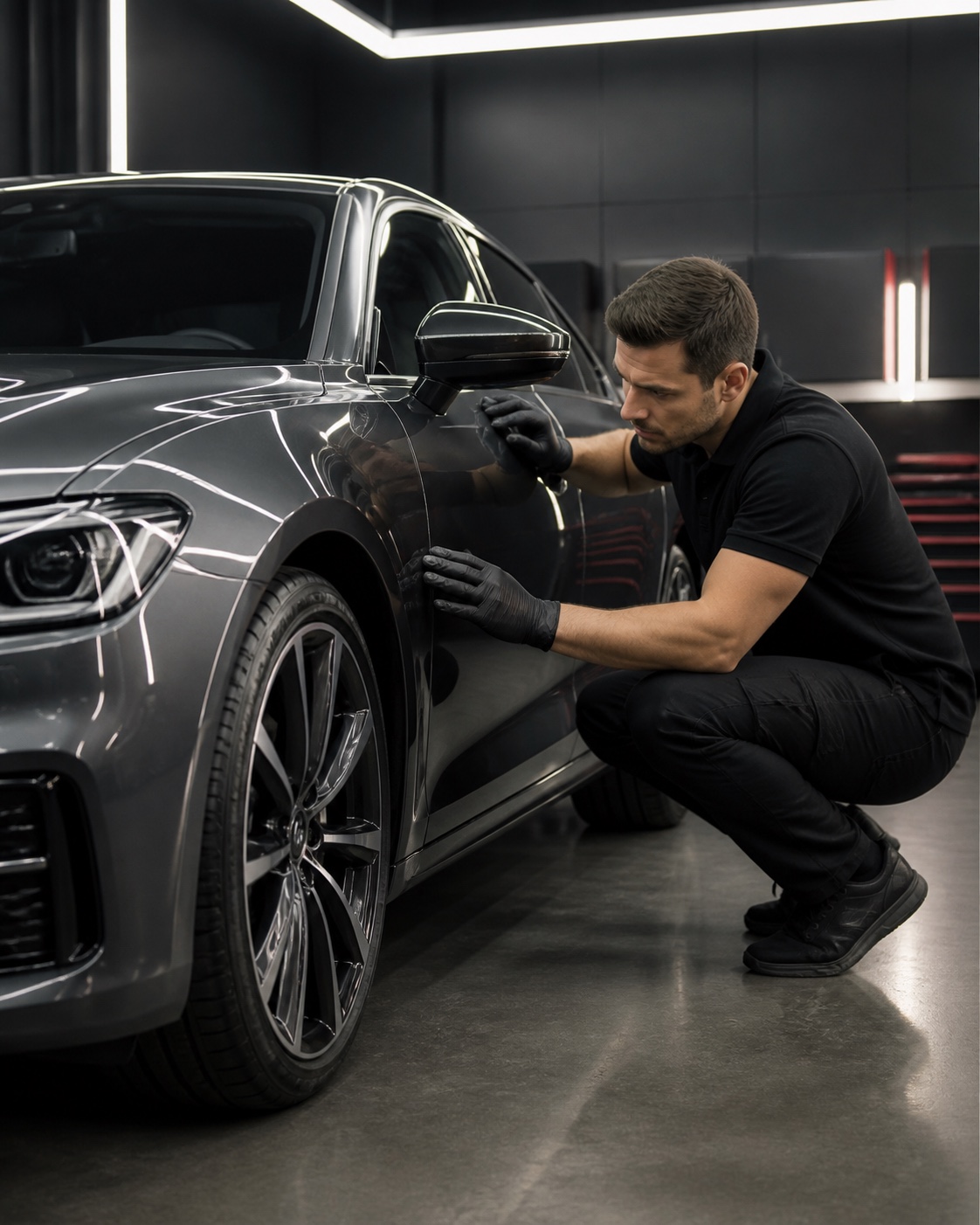 Specialist inspecting the finish of a new premium car under red studio light