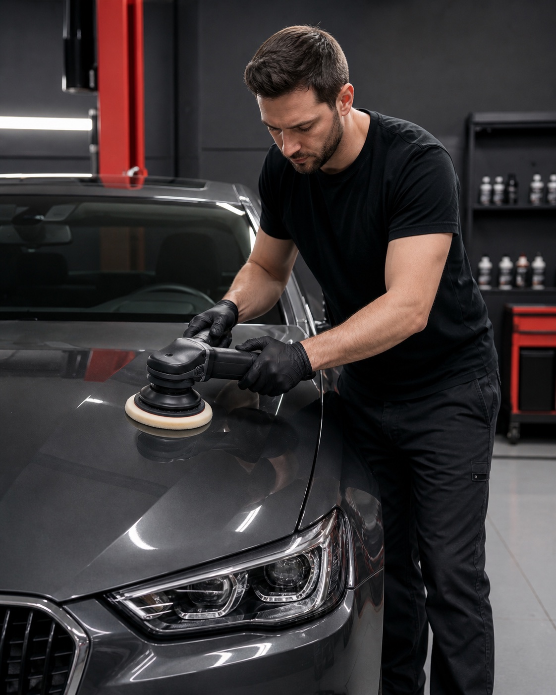 Detailing specialist restoring the paint finish of a premium car