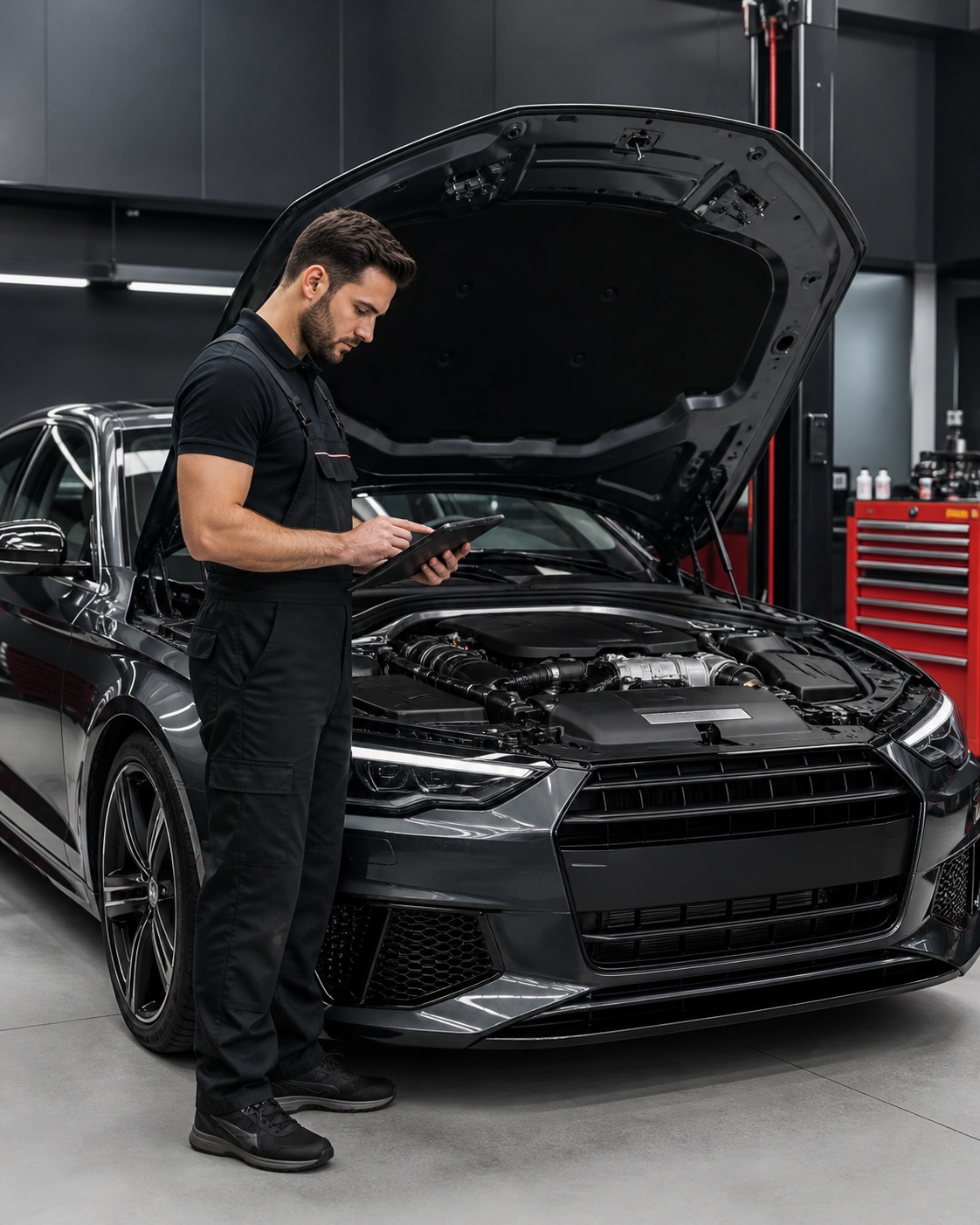 Technician checking a premium car as part of routine maintenance