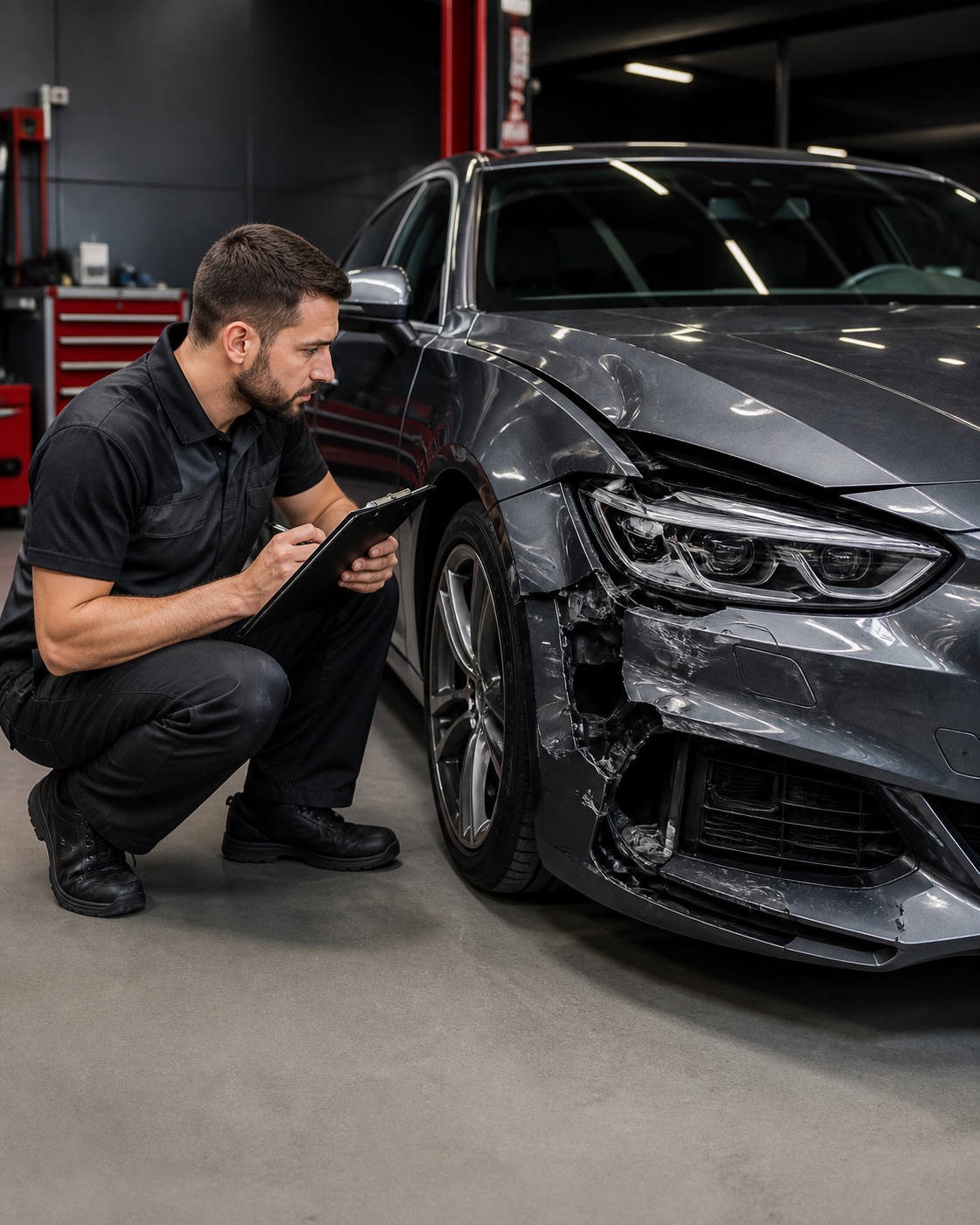 Technician assessing accident damage on a graphite premium car