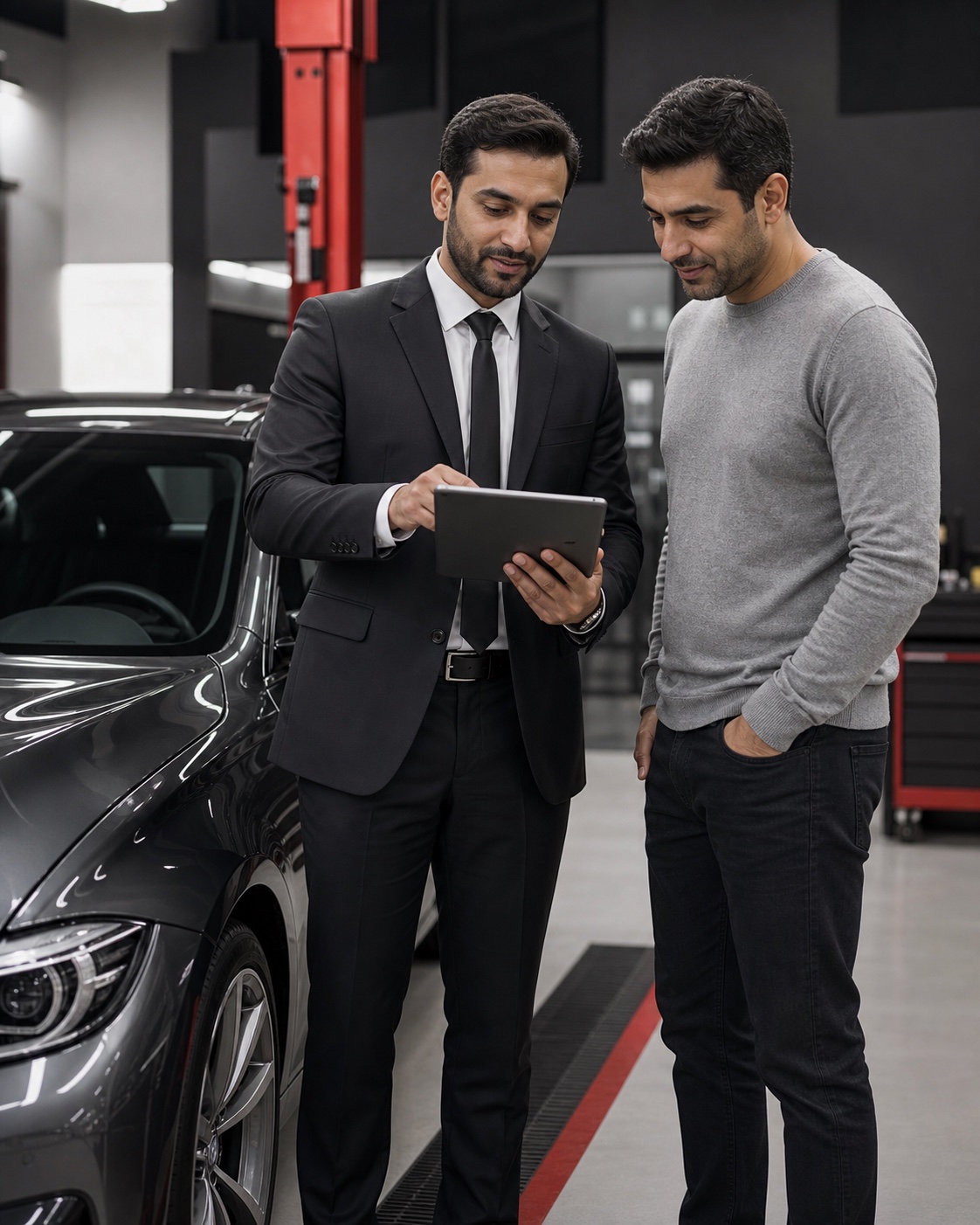 Service advisor helping a car owner review insurance renewal details