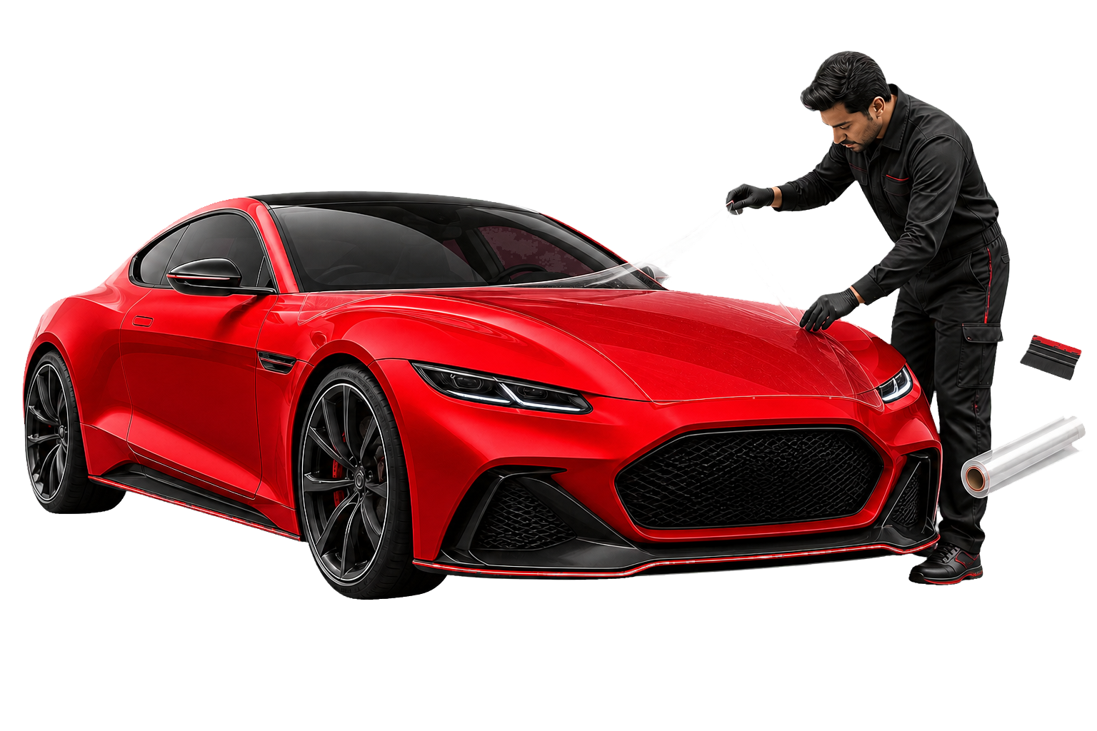 Ferrari-red performance coupe receiving paint protection film