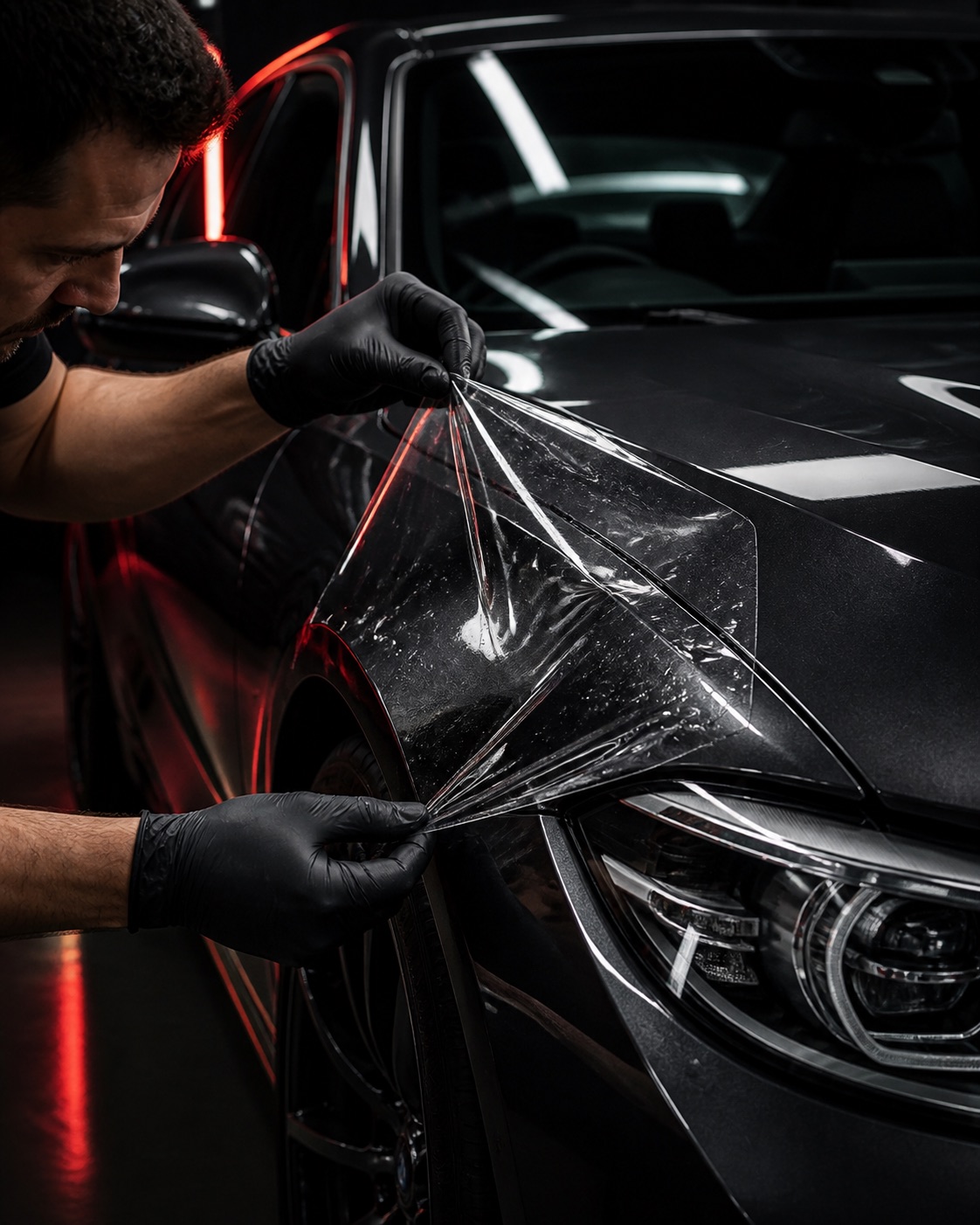 Paint protection film being installed on a graphite premium car