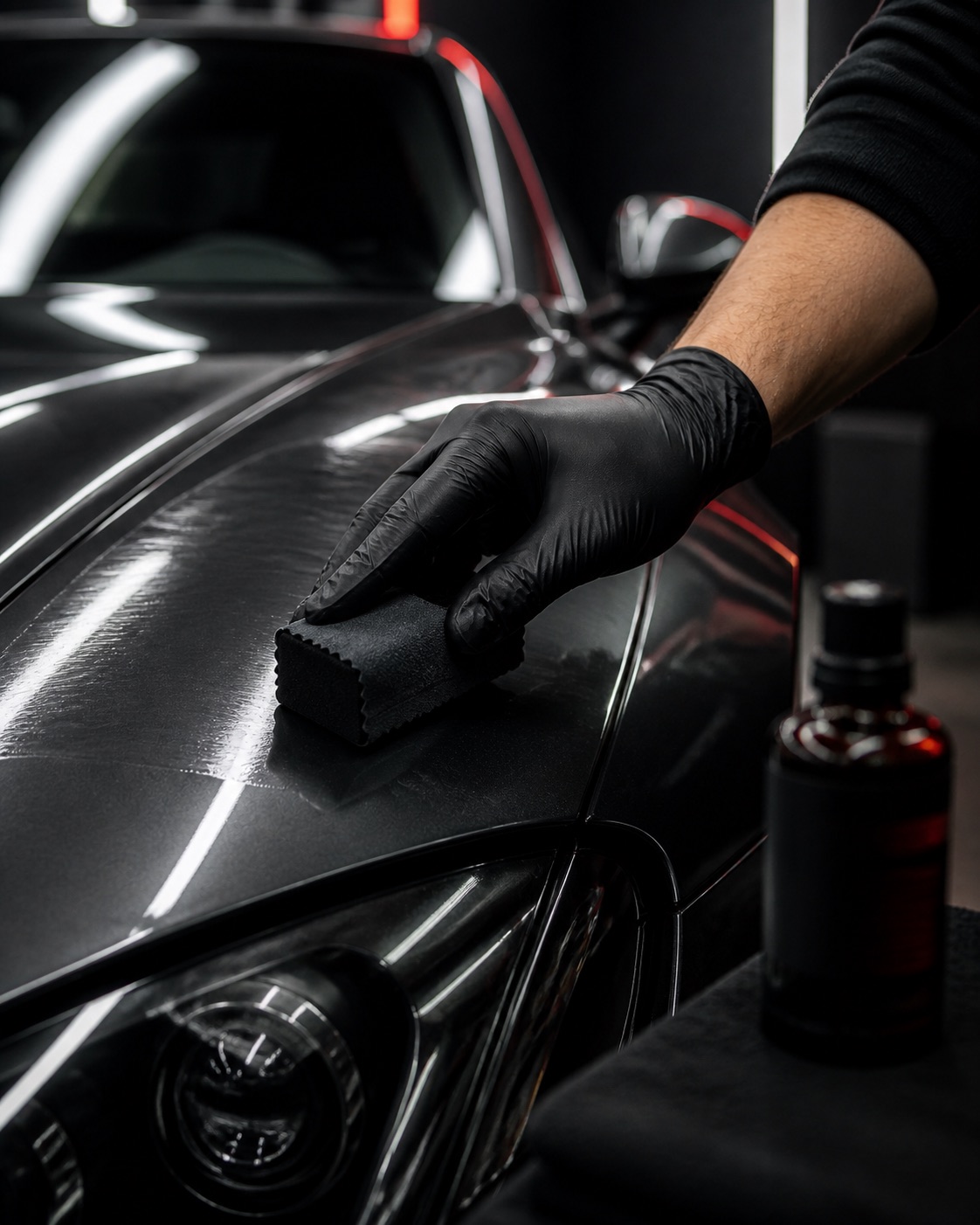 Ceramic coating being applied to a graphite premium car
