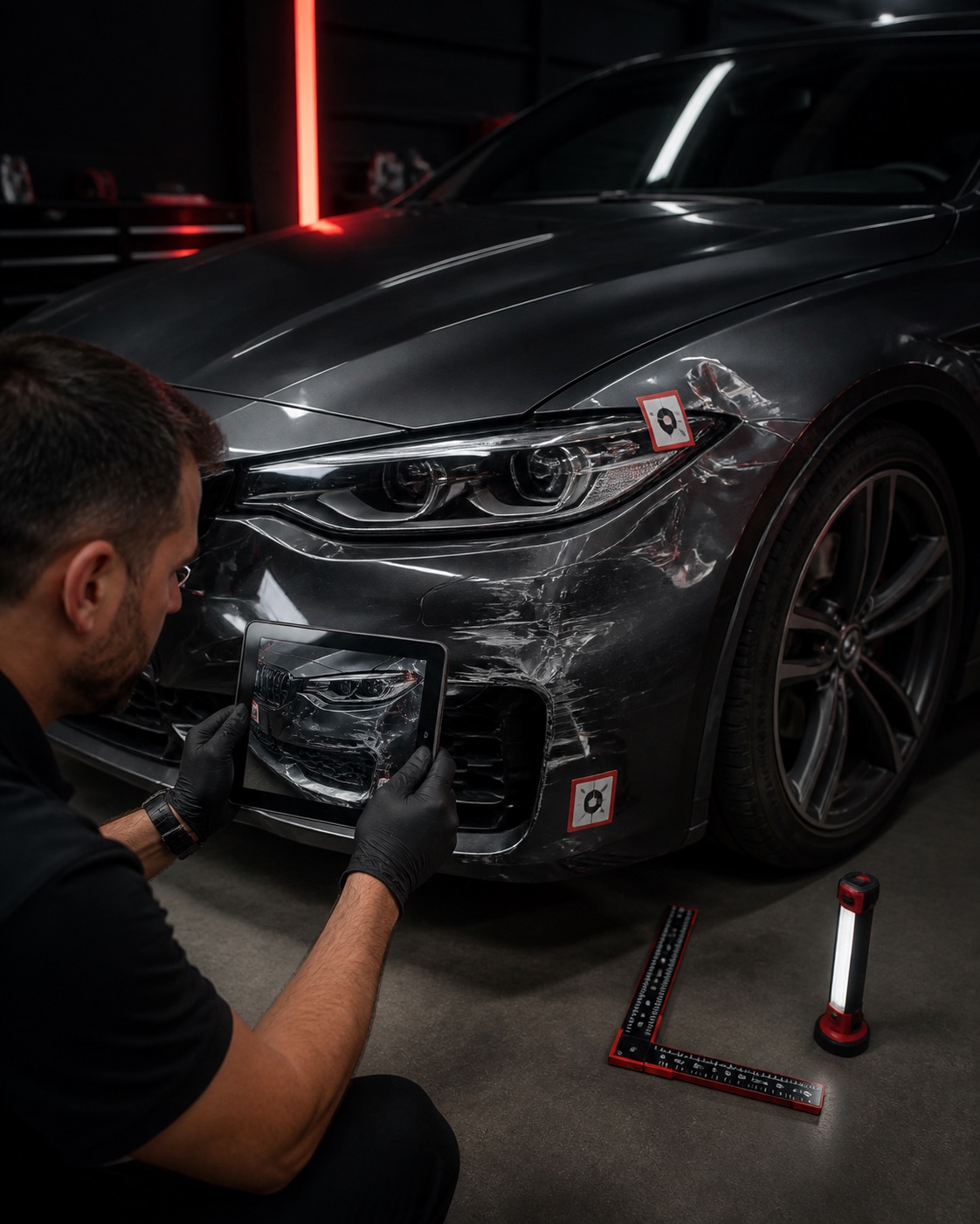 CARZ specialist assessing accident damage on a premium vehicle