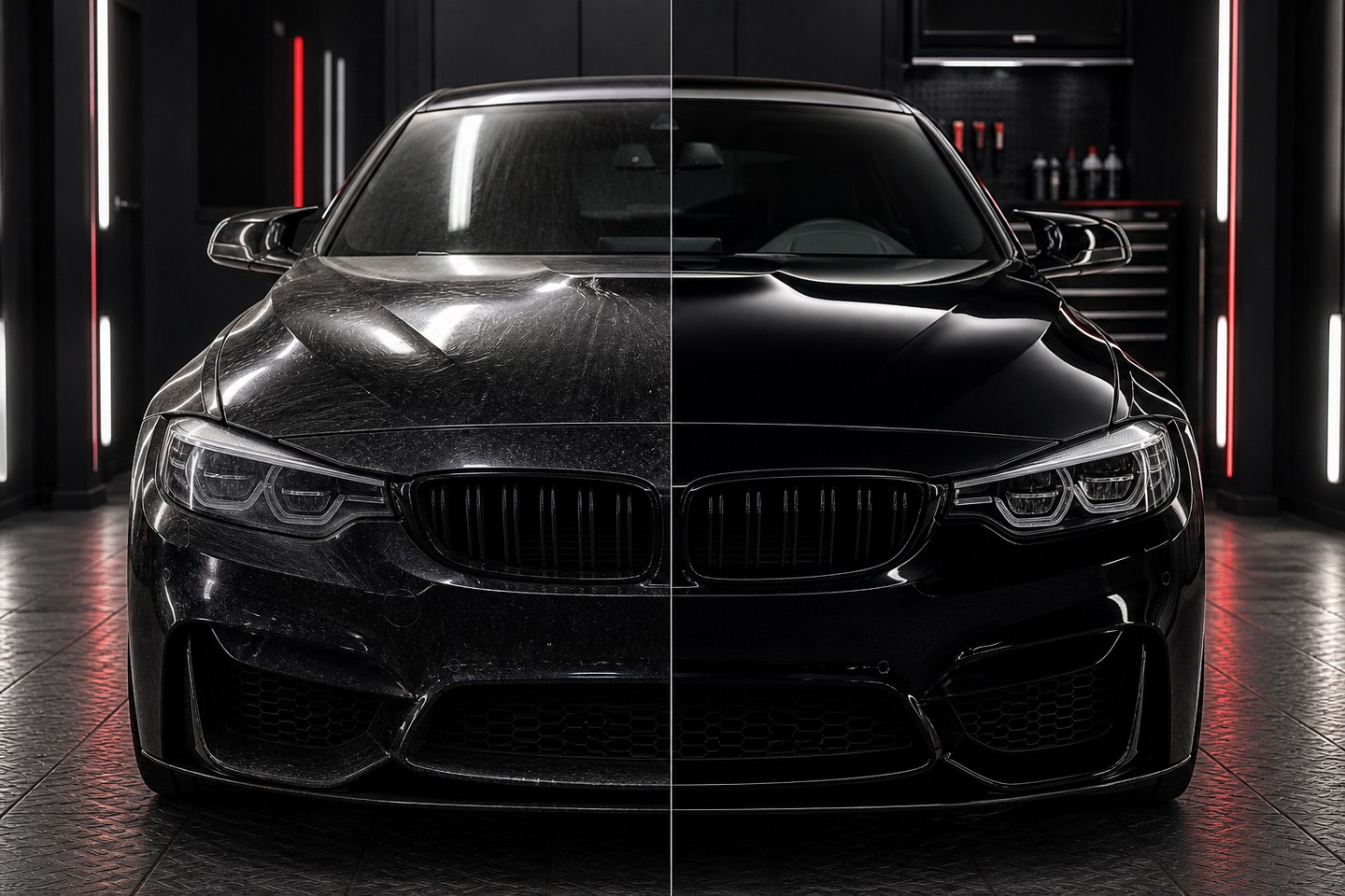 Before and after paint correction and ceramic coating on a black premium sedan