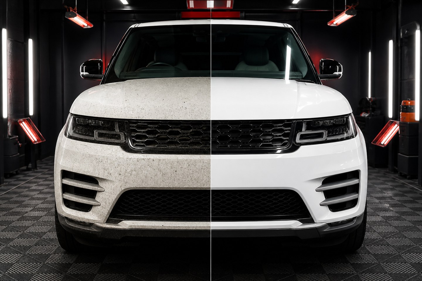 Before and after full-front paint protection on a white premium SUV