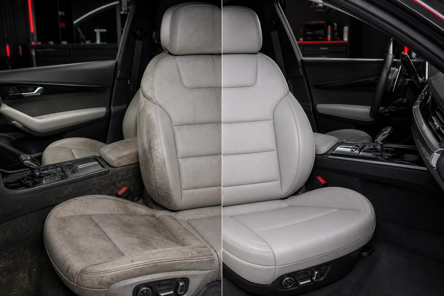 Before and after deep cleaning of a light-grey premium car interior